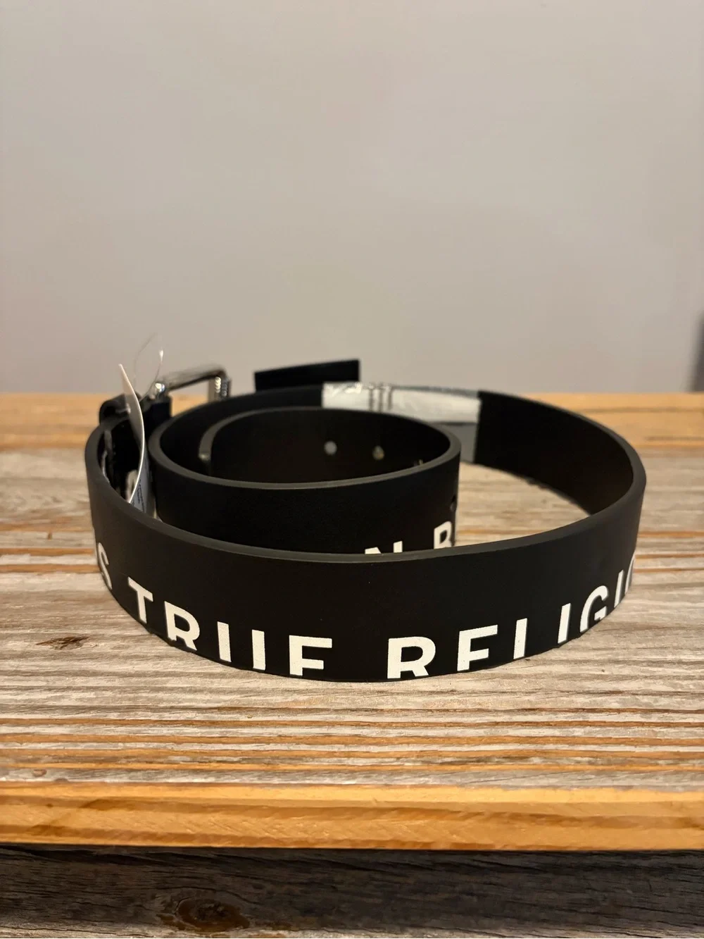 True Religion Black Logo Strap Belt with Silver Buckle Size 34